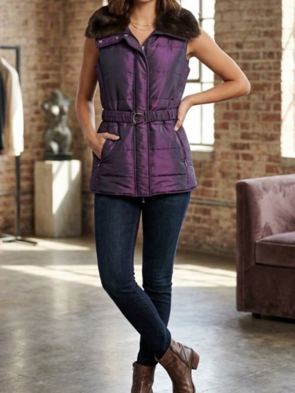 Tyler Boe Purple Quilted Fur-Trim Vest